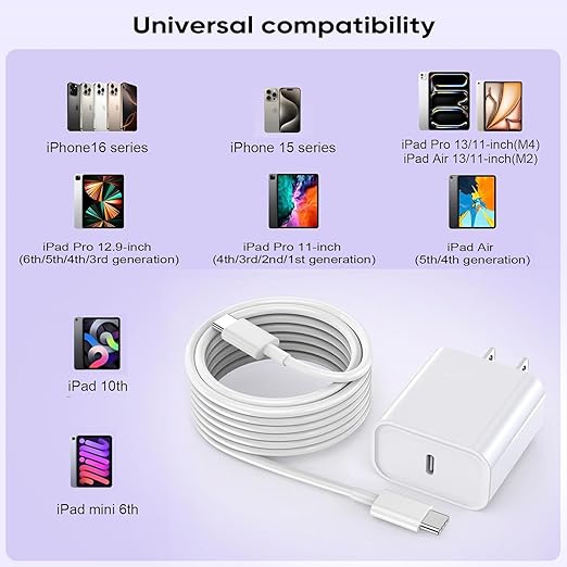 Fast iPhone 17 Charger, 20W Fast USB C Charging Block Wall Charger with 10Feet Long Usb Type C Chargers Compatible with iPhone Air/17/17Plus/17 Pro/17 ProMax/16/16 Plus/16 Pro/16e/16 ProMax/15/iPadPro