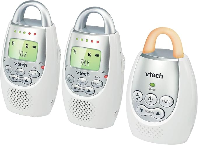 VTech DM221-2 Digital Audio Baby Monitor with 2 Parent Units, DECT 6.0, 1000ft Long Range, Talk Back Intercom, Vibrating Alert, Night Light, Rechargeable - White