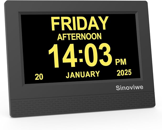 Digital Alarm Clock 7" HD Large Screen Digital Calendar with Auto-Dimming, Clear Day/Date Display for Alzheimer's Dementia Seniors & Low Vision with Remote Control and Custom Reminder Function(Black)