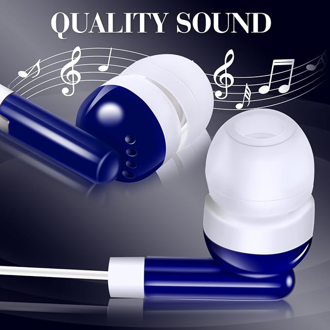 Konohan 100 Packs Bulk Earbuds with Wire Earphones Classroom Wired Headphones for Students Headphones Individually Bagged, 8 Colors Ear Buds Bulk for Classroom School Library (Blue)