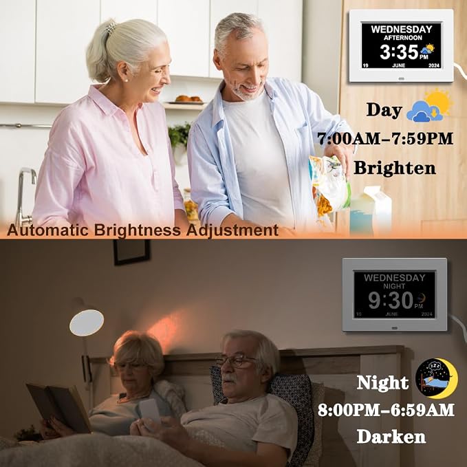 AINFTIME DST Digital Clock with Date and Day of Week for Elderly-12 Alarms Medication Reminder Dementia Alzheimers Clock Calendar with Extra Large Display No Power Adapter (7 inch White)