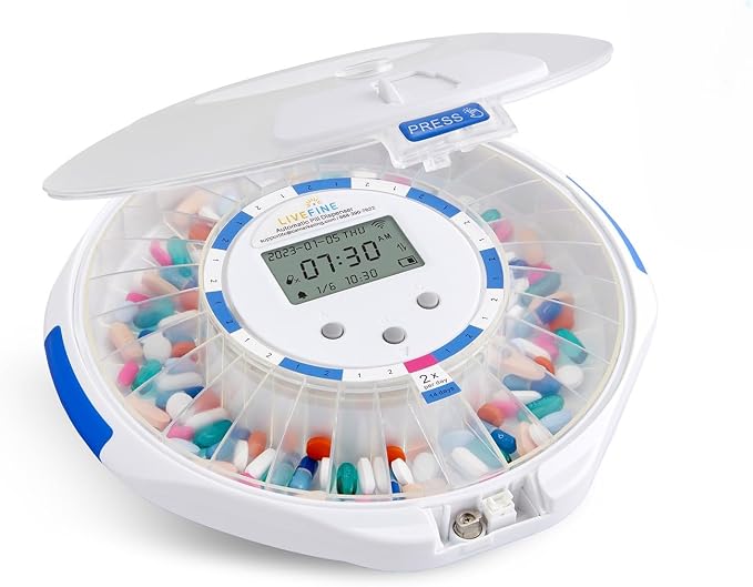 Live Fine Smart WiFi Automatic Pill Dispenser Frosted Lid | 28-Day Medication Organizer Up to 9 Doses Per Day for Care Monitoring with Lock Key, Light/Sound Alarms for Prescriptions & Vitamins