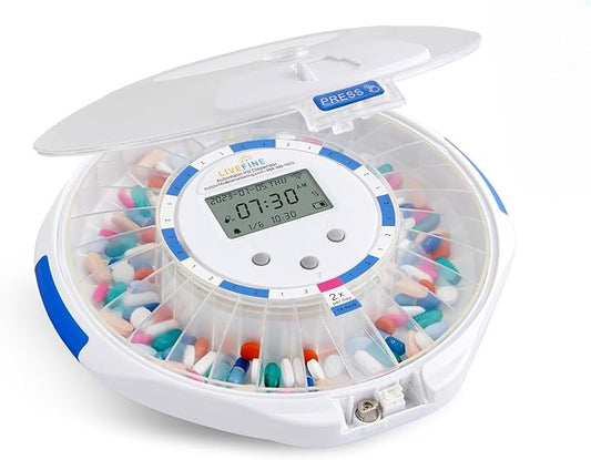 Live Fine Smart WiFi Automatic Pill Dispenser Frosted Lid | 28-Day Medication Organizer Up to 9 Doses Per Day for Care Monitoring with Lock Key, Light/Sound Alarms for Prescriptions & Vitamins