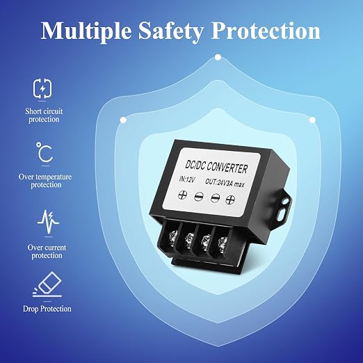 12V to 24V 3A 72W Boost Converter IP67- Dustproof Booster with Screwdriver - for Trucks/RVs/Off-Highway/Solar/for Harsh Environments - Dustproof/Vibration Resistant