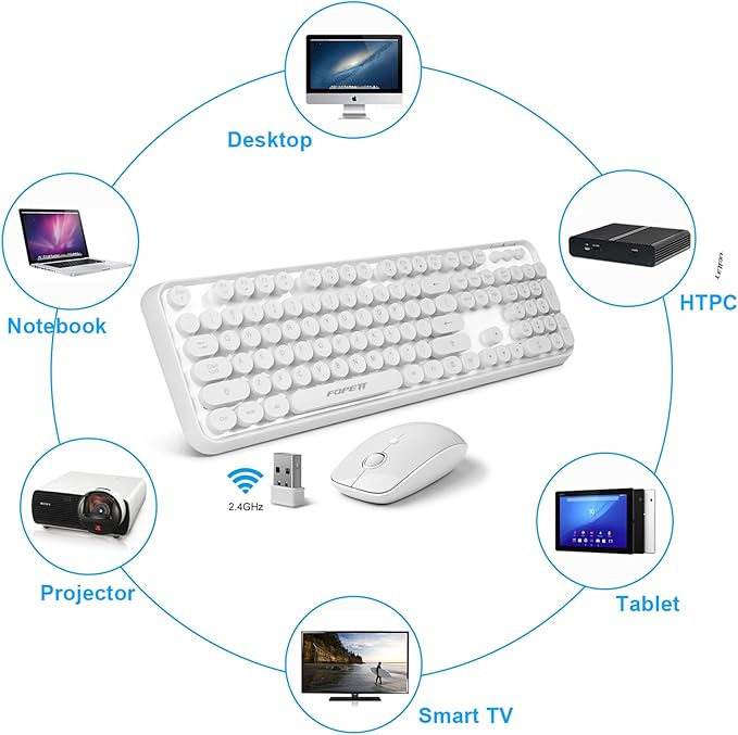 Wireless Keyboard and Mouse | Cute Colorful Keyboard and Mouse with 2.4GHz Cordless Retro Typewriter Keyboard | Auto-Sleep | USB Receiver for Windows PC/Laptop - White