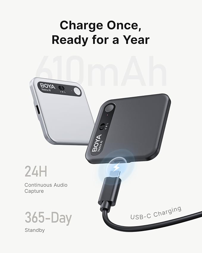 BOYA Notra AI Voice Recorder, Smart Transcription & Summary, App Control, 64GB Storage, Secure Cloud Sync, Supports 140+ Languages, MagSafe-Compatible, Ai Note Taker for Meetings & Interviews, Silver