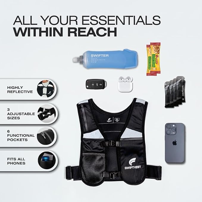 Running Phone Holder Vest with 500ml/17oz Water Bottle | Reflective Hydration Vest | Adjustable | Light | 6 Pockets for Running Accessories | Unisex