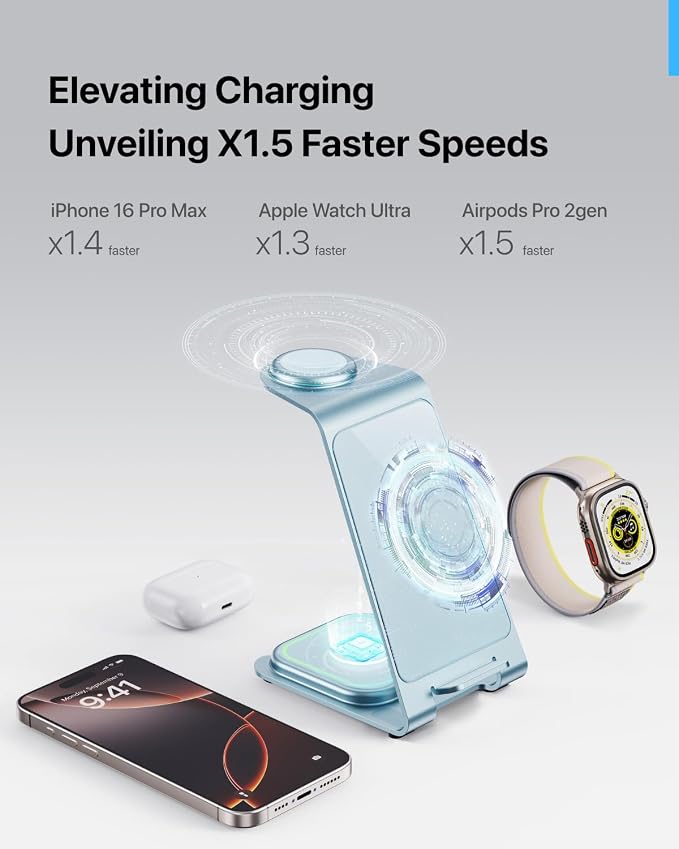 Intoval Aluminum 3 in 1 Wireless Charging Station for iPhone 17 16 15 14 13 12 11 Pro Max XR, Wireless Charger for Apple Watch 11 10 9 8 7 Ultra SE 3 2, Phone Charger for AirPods 4 Pro 2 3 (Blue)