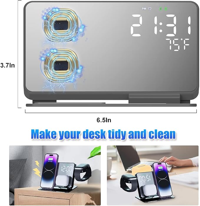 4-in-1 Wireless Charging Station for Apple Devices, 18W Fast Charge Wireless Charger Alarm Clock and Temperature Display, Wireless Charger Stand for iPhone 17 16 15 14 13 12, Apple Watch