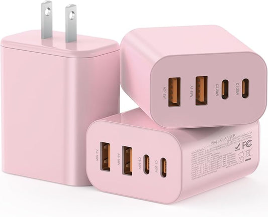 USB C Charger Block, 3-Pack 40W Wall Plug Fast Charging Block, Type C Charging Blocks Cube 4-Port PD + QC Power Adapter, Compatible with iPhone 17/16/15/14/13/12/11/Pro Max, Tablets（Pink）