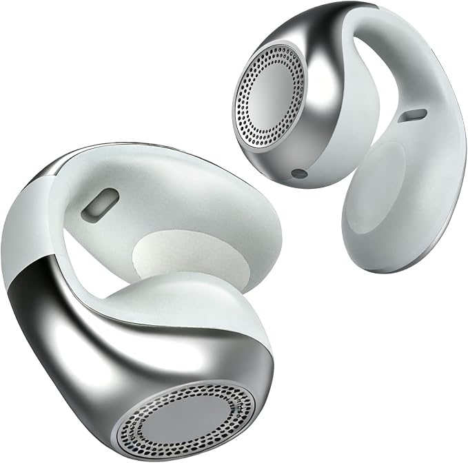 King Lucky Clip-On Earbuds,Comfort Air Cushion Open Ear Earbuds Wireless Bluetooth 6.0 Multipoint, Open Ear Headphones with Mic,Anti-Mistouch,45H Playtime for Sports,Small Ears&Sleep (Silver)