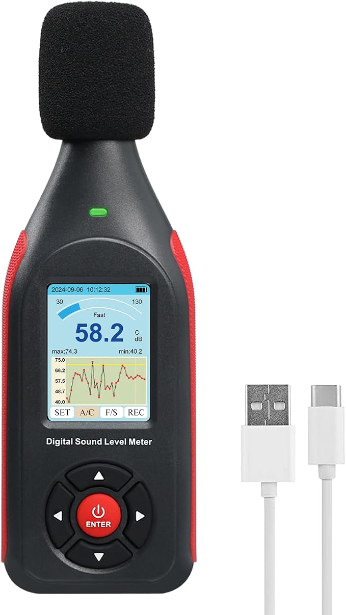 Decibel Meter Digital Sound Level Reader,Data Logger Sound Decibel Meter with 43,000 Data Record Function, 3-Color Alarm, A/C Frequency&DC Output, 30-130dB Portable Noise Meter for Home, Factory