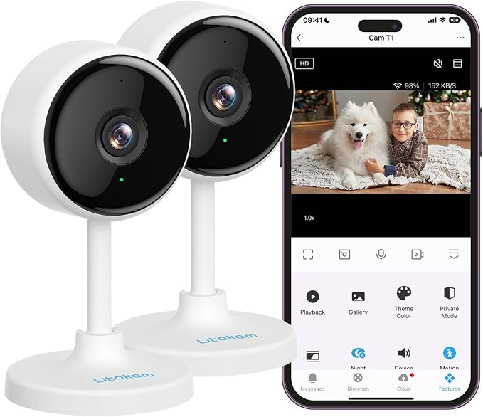 litokam Indoor Camera, Cameras for Home Security with Night Vision, Pet Camera with Phone App, 2K Indoor Security Camera, Motion Detection, 2-Way Audio, WiFi Camera Home Camera Compatible with Alexa