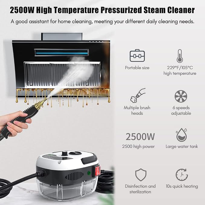 2500W Handheld Steam Cleaner High Temperature Pressurized Steam Cleaning Machine Portable Car Steamer with Brush Heads (Orange)