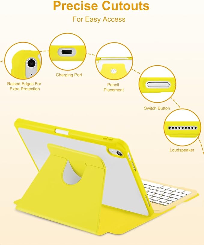 EAMPANG Case with Keyboard Mouse for iPad A16 11th 10th Generation 11/10.9 inch,Rainbow Backlit Detachable Keypad Rotatable Magnetic Cover with Pencil Holder for iPad 11 2025 10 Gen 2022 Yellow