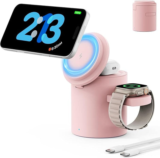 2026 Foldable 3 in 1 Wireless Charging Station,for Apple Magsafe Charger Stand,Fast Magnetic Wireless Charger Station for iPhone 1716 15 14 13 12 Series,Airpods Pro,Apple Watch Ultra Series (Pink)