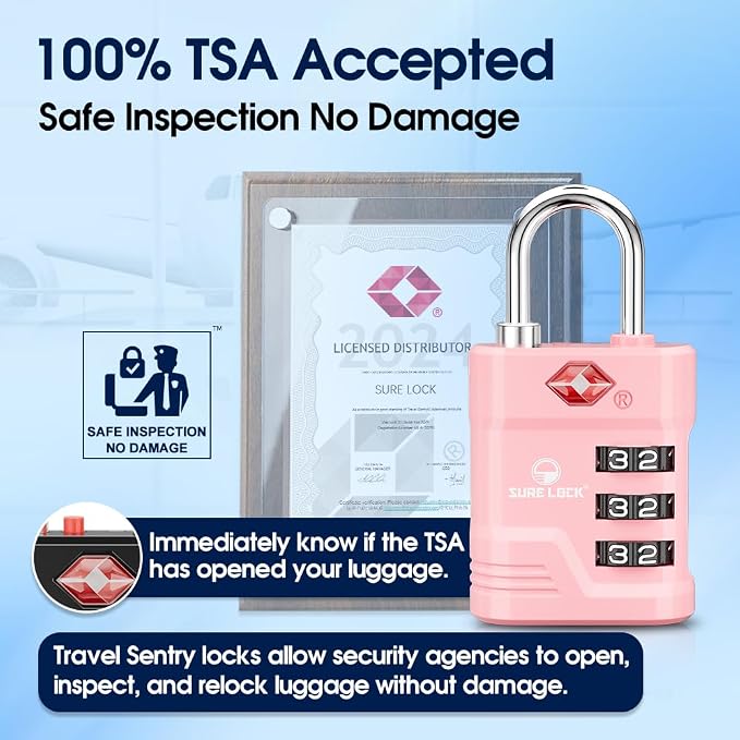 SURE LOCK TSA Approved Luggage Lock – 3-Digit Resettable Combination Padlock with Open Alert Red Dot, Large Easy-Read Dials for Suitcases, Backpacks, Gym & School Lockers(Pink 2 pk)
