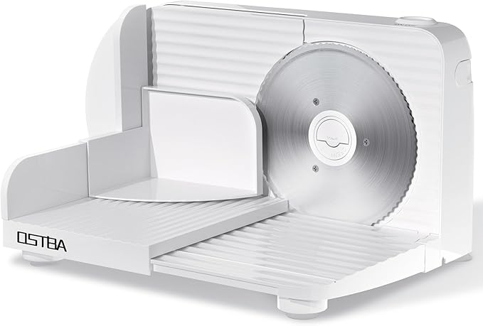 OSTBA Foldable Electric Food Slicer, Adjustable Thickness 0–15mm, 6.7” Stainless Steel Blade, 150W Motor, Portable & Easy-to-Clean Meat, Cheese, Bread, and Vegetable Slicer for Home Kitchen, White
