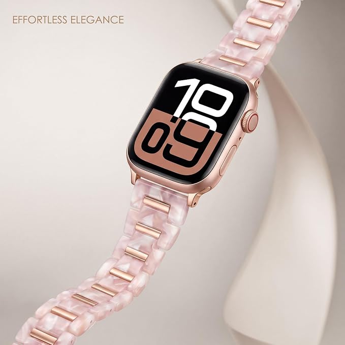 V-MORO Compatible with Apple Watch 42mm 41mm 40mm 38mm,Fashion Lightweight Resin Metal Strap Bracelet with Rose Gold Stainless Steel Inlay for iWatch Series 11/10/9/8/7/6/5/4/3/2/1/SE,Pink Flower