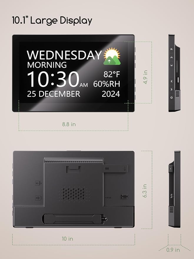 Raynic Digital Clock, 10.1 Inch Large Display Calendar Clock with 12 Themes, 20 Alarms, 20 Reminders, Auto Dimming, 12/24 Hours, Indoor Temperature, Humidity for Seniors, Desk (Black)