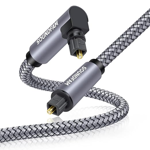 90 Degree Optical Audio Cable 10ft/3M Right Angle Toslink Cable Male to Male 360 Degree Free-Rotating for Home Theater,TV,PS4,Sound Bar,Xbox-Grey