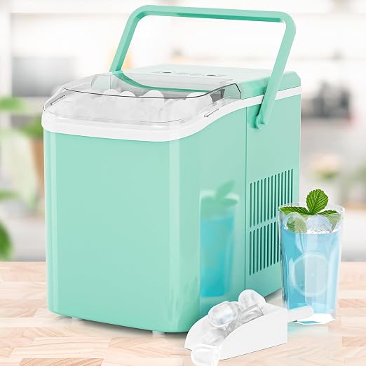 Ice Makers Countertop, Portable Ice Machine with Handle, 6 Mins 9 Bullet Cubes with Basket and Scoop, 26lbs in 24Hrs, Auto-Cleaning, for Home, Kitchen, RV, Camping, Green