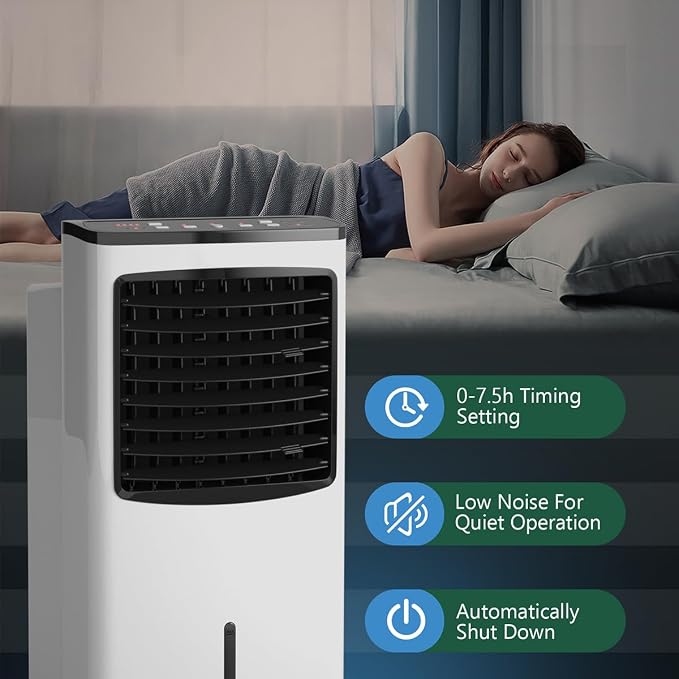 FANTASK Portable Air Cooler, Electric Air Cooling Machine with 3 Modes, 3 Speeds and Timer Function, Cooling Fan with Digital Display, Ice Crystal Box and Large Water Tank, Idea for Home Office