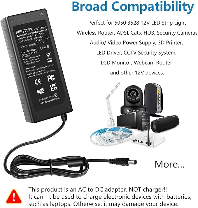SHNITPWR 12V 3A 36W AC DC Power Supply Adapter 100V~240V AC to DC 12 Volt 3 Amp Converter Transformer LED Driver with 5.5x2.5mm Plug for 5050 3528 LED Strip 3D Printer CCTV Security System LCD Monitor