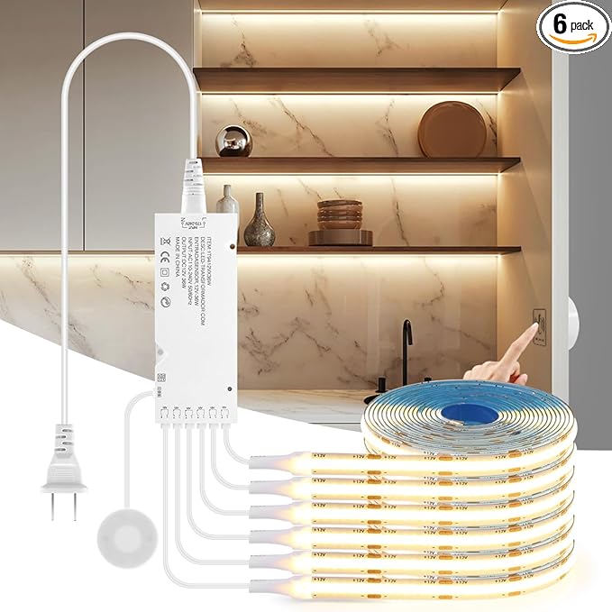 AIMENGTE 12V COB LED Cabinet Lights Strip, 6 x 3.3ft Touch Dimmable 3000K Warm White Lighting for Parallel Wood Slat Wall Panels, Display Cabinets, Wardrobes, Showcases, Shelves