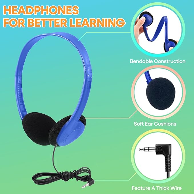 Kids Headphones Bulk 12 Pack for Classroom School Students, Wholesale Multi Color Wired Class Set Headphones for Children Toddler Boys Girls Teen and Adult (HY857, 12 Mixed)