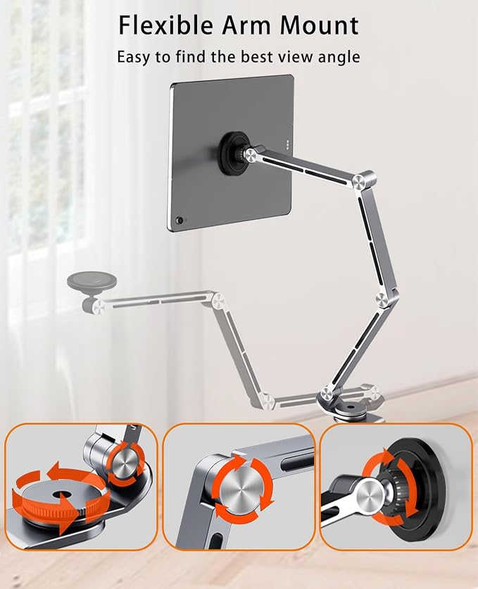 Magnetic Tablet Stand for Desk Aluminum Alloy Phone iPad Desk Holder Overhead Arm Mount with 360°Rotate Base for Magsafe/iPhone/Android/iPad (Magnetic Gray)