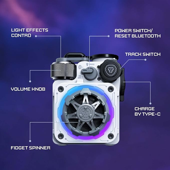 Muzen Cyber Cube-Pro Bluetooth Speaker, Bluetooth 5.0, Portable Speaker with Fidget Spinner, Crystal Clear Sound with RGB Led Light Wireless Speaker, Waterproof Speakers for Indoor Outdoor