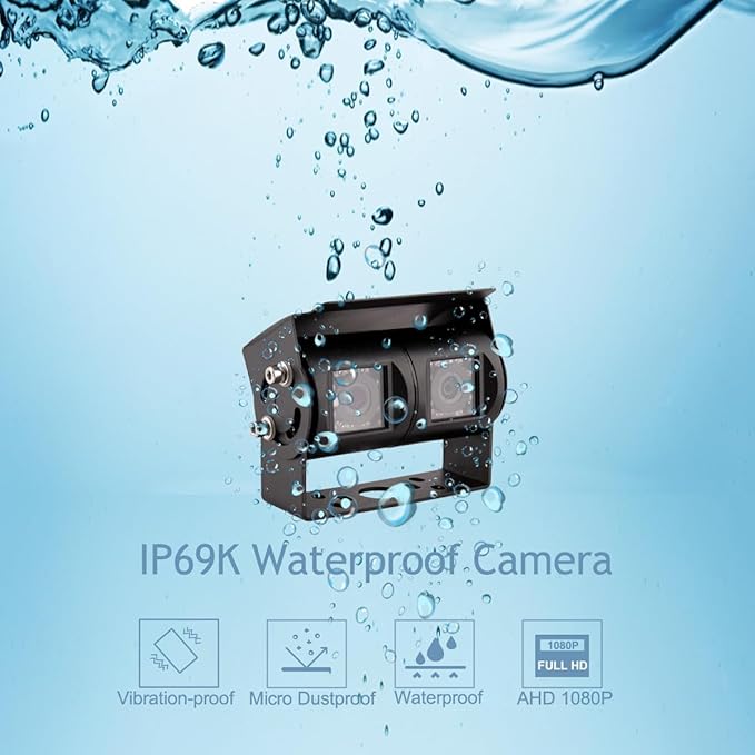 AHD 1080P 7" Reverse Rear View Backup Dual Twin Lens Camera System, Point Each Lens in a Different Direction, IR, Waterproof, 10G Vibration-proof for Tractor/Truck/Camper/Caravan/Skid Steer/Harvester
