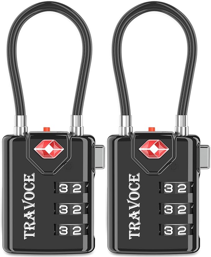 TRAVOCE TSA Approved Luggage Locks - Heavy Duty 3 Digit Combination Cable Lock, Search Alert for Suitcases, Backpacks, Golf Bags, Tents, Violin and Camera Cases, 2 Pack, Black