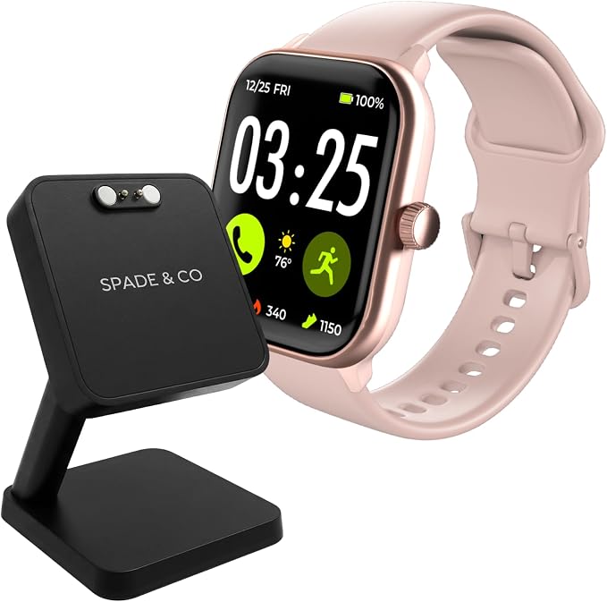 Spade & Co Health Smartwatch 4 Bundle with Charging Dock – Heart Rate, Sleep & SpO2 Monitor, Pedometer, 10+ Day Battery, Answer/Make Calls, IP68 Waterproof, iOS & Android – Rose Gold