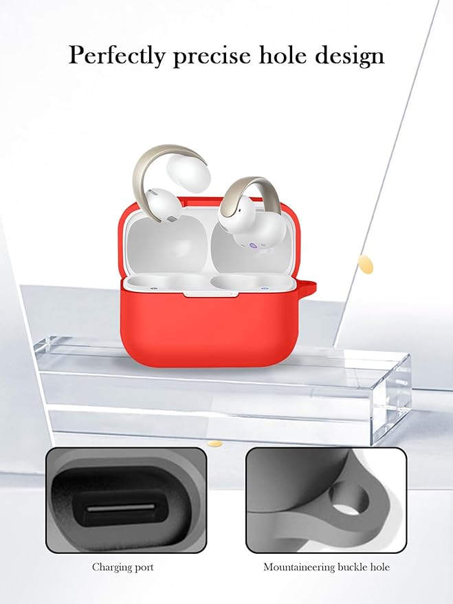 Case for Anker Soundcore AeroClip Open-Ear Clip-On Earbuds,Soft Protective,BOVUGAC Silicone Case Cover with Keychain & Cleaning Kit & Lanyard for Anker Soundcore AeroClip Earbuds-Red