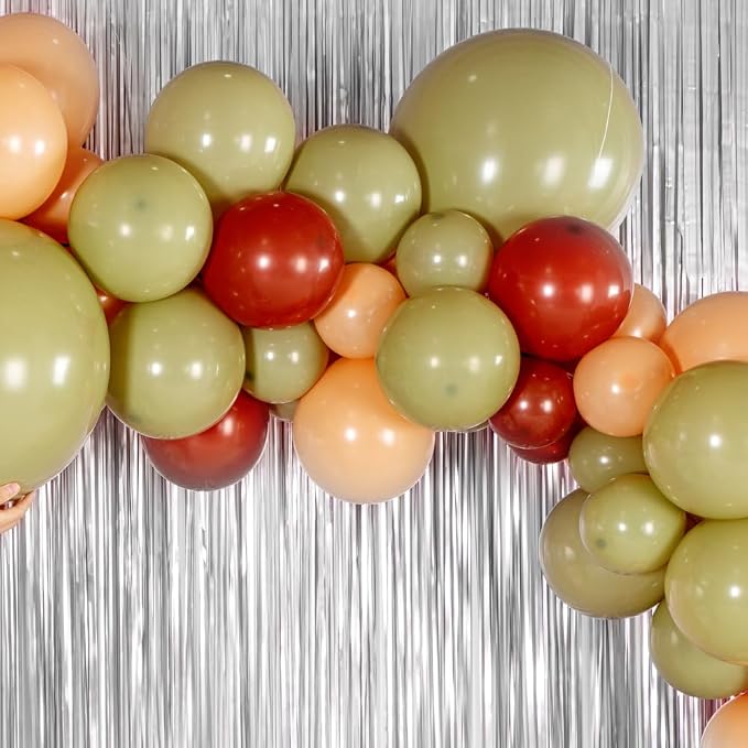 Restaurantware-Balloonify Balloon Garland Set, 1 Party Decoration Kit - 124 Balloons, With Chain, Brown, Beige, & Green Latex Balloon Arch Kit, Includes Glue Dots And Ribbon