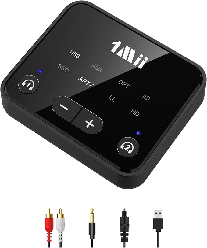 1Mii Bluetooth 5.3 Transmitter for TV to 2 Wireless Headphones, Long Range 100ft Bluetooth Adapter for TV aptX Adaptive & HD/Volume Control, Optical/AUX/RCA Audio Inputs