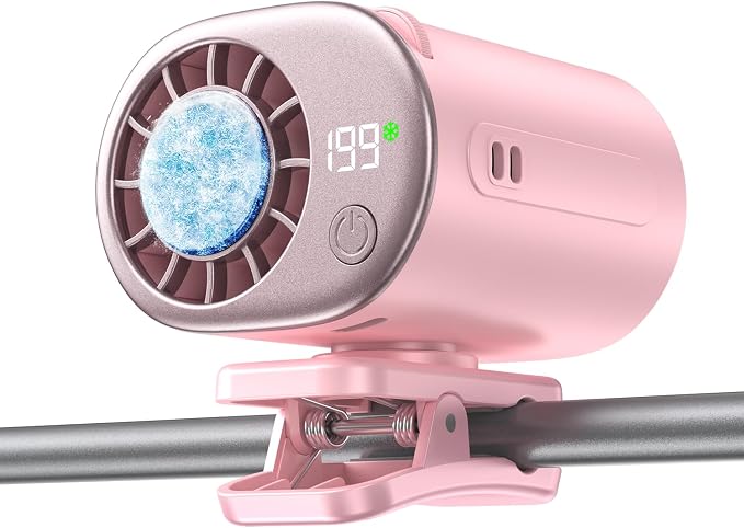 Clip-On Portable Fan with Ice Cooling, 20000 RPM Rechargeable Handheld Turbo Fan, 360° Rotating Detachable Clip, Mini Stroller Fan for Baby, Compact Travel Essentials, Summer Gifts for Women,Pink