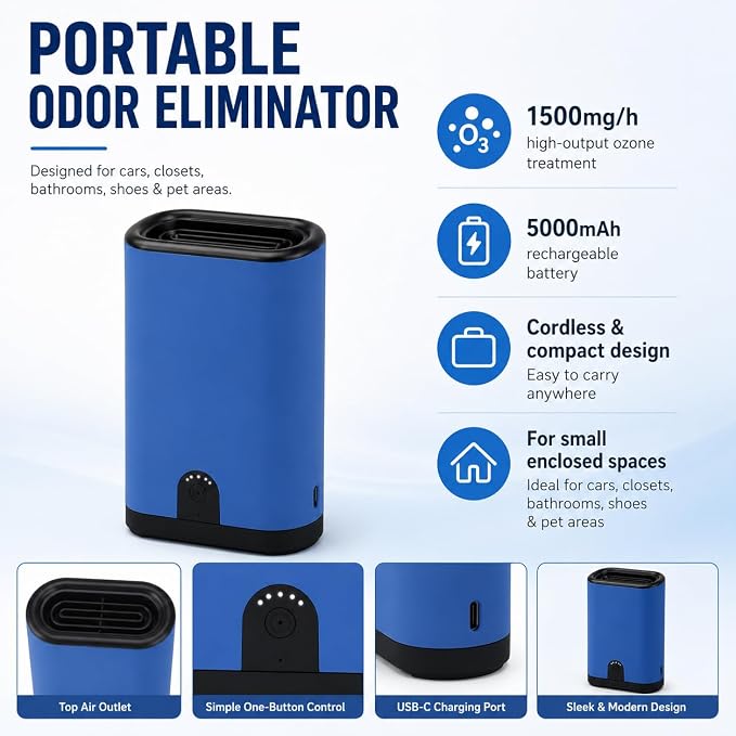 Portable Ozone Generator Air Purifier – 5000mAh Rechargeable Battery Operated Odor Eliminator for Home Car Hotel Rooms Bathroom Kitchen Pets Shoes Smoke & Dust