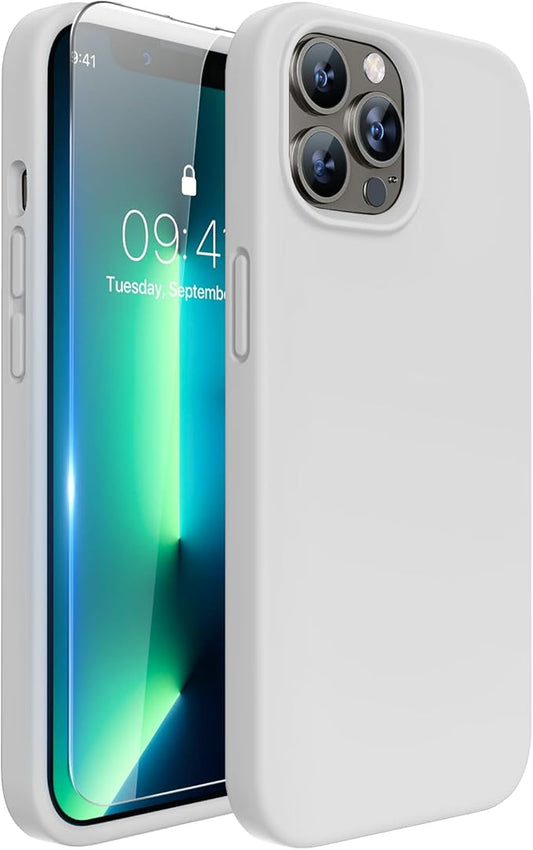 Miracase Designed for iPhone 13 Pro Max Case with Screen Protector,[Soft Anti-Scratch Microfiber Lining],Shockproof Liquid Silicone Rubber Phone Case Cover 6.7 inch, Moonlight White