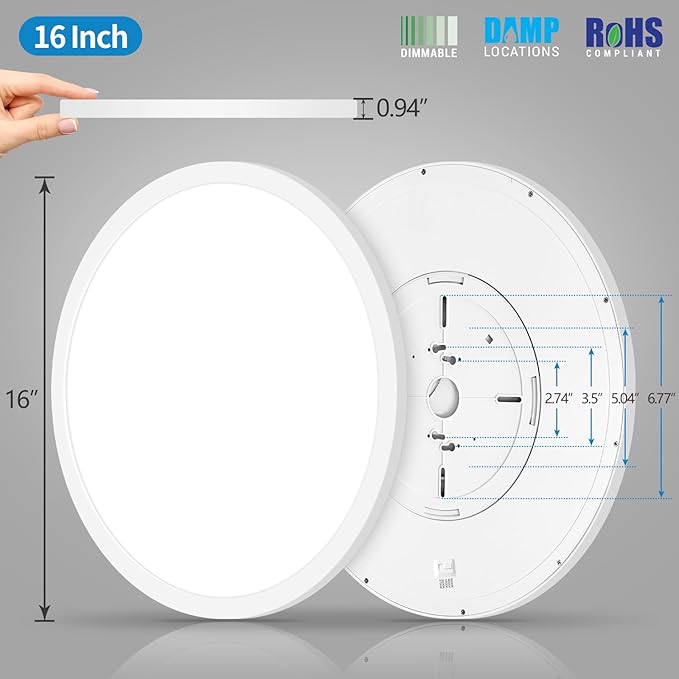 mw 16 Inch Flush Mount Ceiling Light, 30W, 120V, 5CCT 2700K/3000K/3500K/4000K/5000K, Dimmable Ultra Slim Modern LED Ceiling Light, Damp Location for Bedroom, Kitchen, Laundry Room, ETL Listed