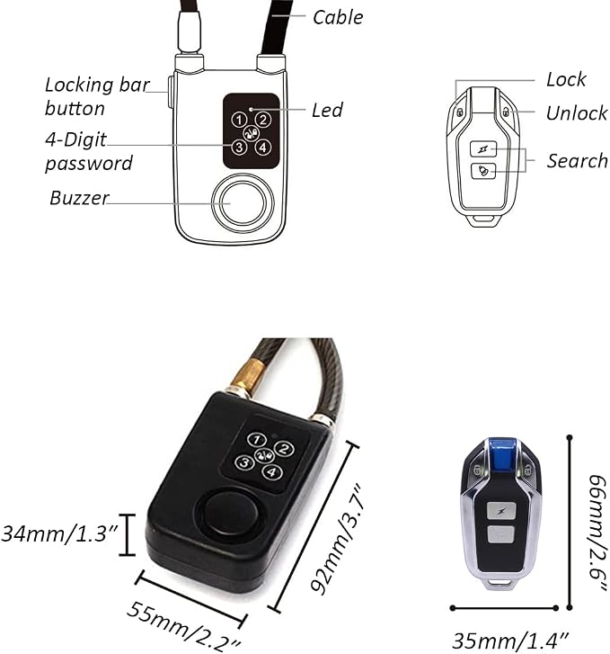 Mengshen Bike Lock with Remote Control Anti-Theft Vibration Alarm IP55 | Anti-theft Vibration Alarm, 31 Inch Cable Length, IP55 Waterproof