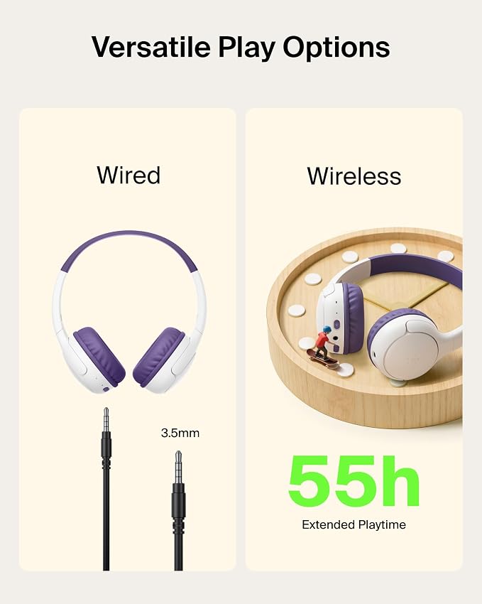Belkin SoundForm Mini 2 Wireless Kids Bluetooth Headphones - On-Ear Earphones w/ 55H Battery Life, 85dB Safe Volume Limit, Built-in Microphone - Toddler Headphones for iPad, Tablet, School, Travel