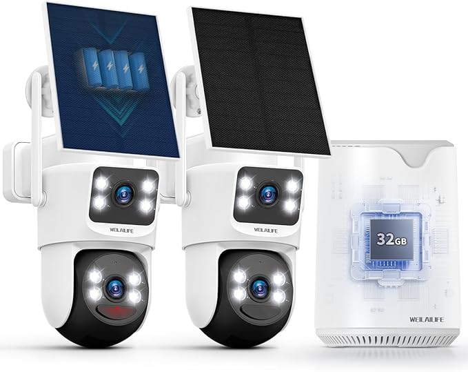 WEILAILIFE 【Auto Tracking & 2-Way Audio】 Security Cameras Wireless Outdoor, Solar-Powered PTZ Security Camera System, WiFi Home Video Surveillance Systems DVR Kits