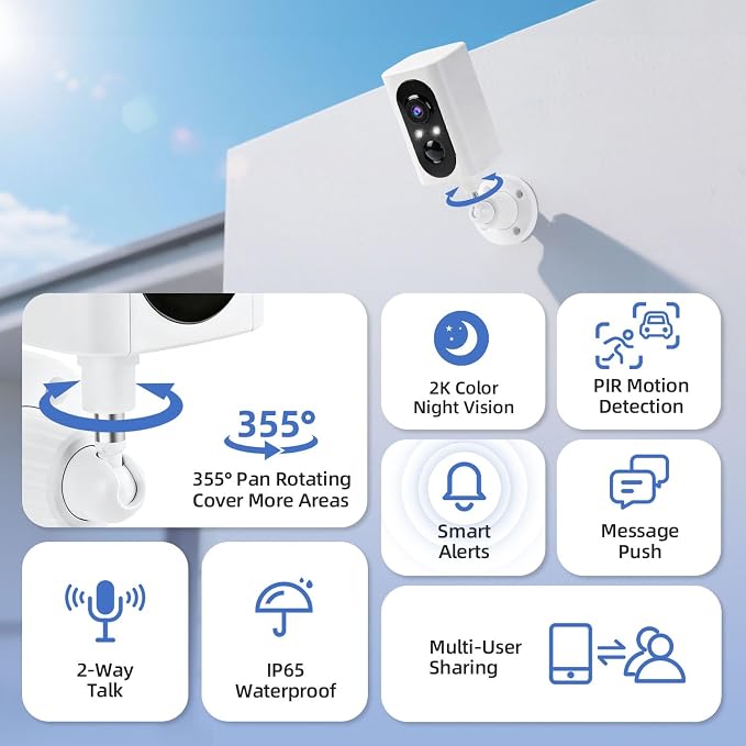 Security Cameras Wireless Outdoor 355° Pan Rotating 2K Color Night Vision Cameras for Home Security WiFi Battery Outdoor Camera Motion Detection 2-Way Talk IP65 Spotlight Siren SD/Cloud Storage 2 Pack