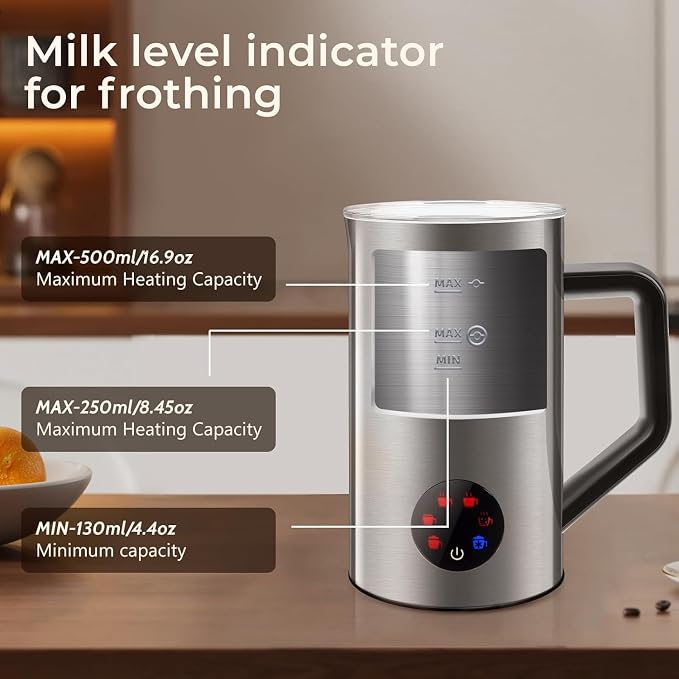 MAISON HUIS Milk Frother, 6-IN-1 Electric Milk Steamer, 20oz/591ml Hot & Cold Foam Maker for Latte & Cappuccino, 550W Fast Heating Stainless Steel Milk Steamer, Hot Chocolate Maker