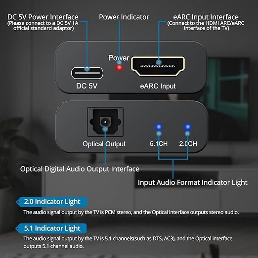 AUTOUTLET HDMI eARC to Optical Audio Adapter - eARC/ARC to Optical Converter for TVs, Soundbars, Home Theaters, and Audio Systems, Support 192KHz Sampling Rate, Dolby 5.1 and DTS 5.1(NO CEC)