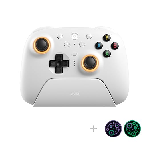 8Bitdo Ultimate 2 Wireless Gaming Controller with TMR Joysticks, Switchable Hall Effect/Tactile Triggers, 8Speed Wireless Tech, Charging Dock, RGB Fire Ring for PC & Android - White