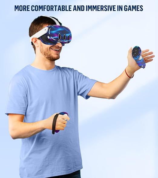 Silicone Cover Set Compatible with Oculus/Meta Quest 3, Touch Controller Grips Cover, VR Shell Cover, Facial Interface Cover, Protective Lens Cover, Tempered Glass Lens Caps (Aurora Blue)